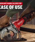 Heavy Duty 4.5 Inch Cordless Circular Saw With Brushless Motor Punching Up To 4500 Rpm, showing auxiliary handle for easy grip.