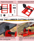 Easy Setup Heavy Duty Vertical Chainsaw Guide With Adjustable Lumber Cutting Rail And Precision Woodworking Jig For No Sweat Rip Cuts On All Your Timber Boards Built Darn Tough For Weekend Warrior Projects In Bright Red showing assembly steps and installation of accessories.