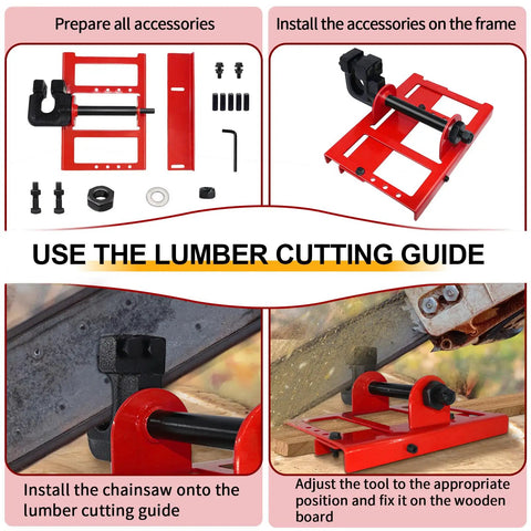Easy Setup Heavy Duty Vertical Chainsaw Guide With Adjustable Lumber Cutting Rail And Precision Woodworking Jig For No Sweat Rip Cuts On All Your Timber Boards Built Darn Tough For Weekend Warrior Projects In Bright Red showing assembly steps and installation of accessories.