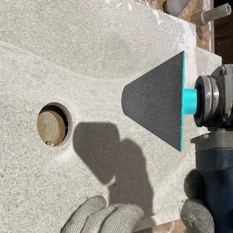 Pro Grade Diamond Beveling Chamfer Bits For Countersinking And Enlarge Holes In Tile Marble Glass Granite Ceramic 27mm To 82mm Dia With 5 8 By 11 Threads Blue in use on stone