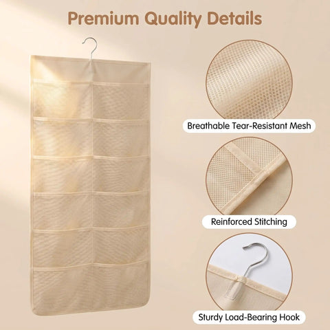Game Changing Double Sided Hanging Closet Rod Organizer For Bras Underwear And Socks Storage Featuring Multi Grid Pockets, beige tear-resistant mesh.