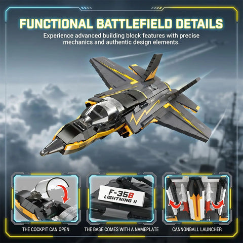 F-35B Lightning II Fighter Jet Building Blocks Set With 1268 Pieces Realistic Military Aircraft Display Model With Stand Open Cockpit Ejectable Weapons Collectible Construction Kit For Adult Enthusiasts showcasing open cockpit and ejectable weapons.