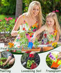 Mother and daughter using 18 Piece Colorful Garden Shovel Set for teens and adults mini metal hand trowels for planting.