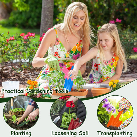 Mother and daughter using 18 Piece Colorful Garden Shovel Set for teens and adults mini metal hand trowels for planting.