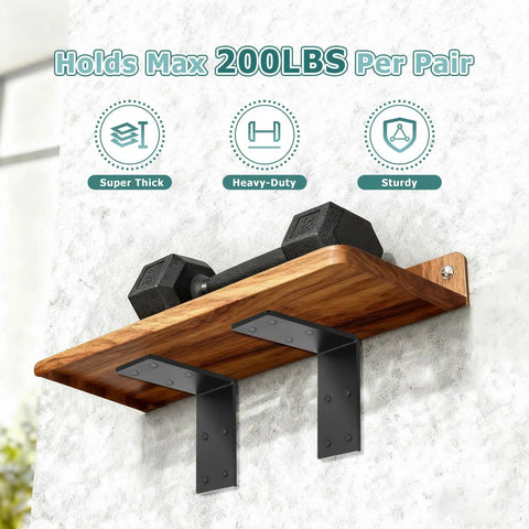 Beefy Heavy Duty L Corner Brackets 6x6 Inch 2 Pack Black Steel Shelf Supports mounted under a wood shelf holding a dumbbell