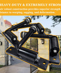 Hella Sturdy Four Pack Five Inch J Bolt Gate Hinges For Wood And Metal Fencing on a black background near a gate.