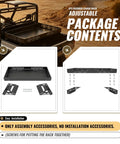 UTV Overbed Cargo Rack assembly contents with adjustable brackets and screws for easy installation. Badass Universal UTV Overbed Cargo Rack With Adjustable Mounting Brackets That Install Fast And Fit Most Side By Side Beds For Zero Headache Gear Storing.