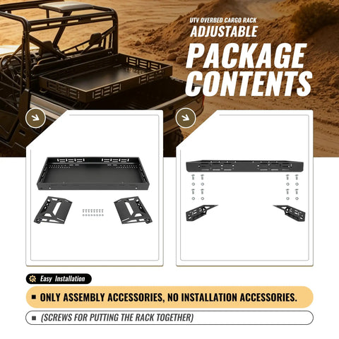 UTV Overbed Cargo Rack assembly contents with adjustable brackets and screws for easy installation. Badass Universal UTV Overbed Cargo Rack With Adjustable Mounting Brackets That Install Fast And Fit Most Side By Side Beds For Zero Headache Gear Storing.