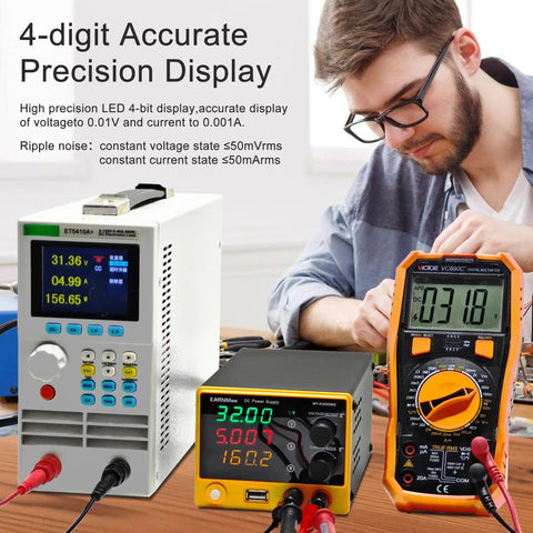 Variable DC Power Supply 30V 5A Benchtop Lab Power Source with 4 digit display and tester in use in lab setup