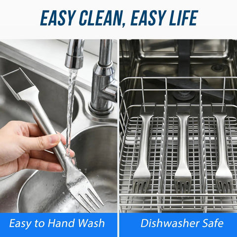 Image showing 2 In 1 Watermelon Cutter And Serving Fork being hand washed and stored in a dishwasher for easy cleaning.