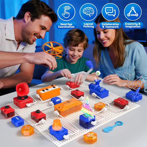 Family playing with Kids Electronics Exploration Kit With Over 671 Circuit Projects And Physics Experiments, STEM toy.