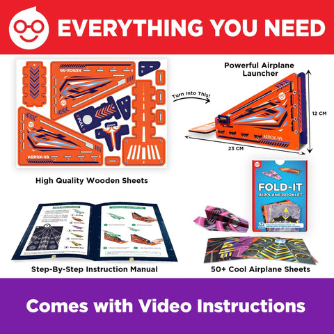 DIY Paper Airplane Craft Kit With Launcher, 50 Planes In 5 Designs, includes wooden sheets and instruction manual