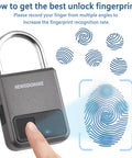 0.5 Second No Key Needed Fingerprint Padlock With USB Rechargeable Battery Biometric Lock Stores 20 Fingerprints For Luggage Backpack Suitcase Bike School And Gym Lockers Plus USB Backup Key For Emergency Access, showing fingerprint scan and unlocking process.