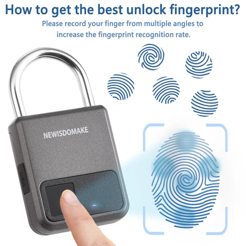 0.5 Second No Key Needed Fingerprint Padlock With USB Rechargeable Battery Biometric Lock Stores 20 Fingerprints For Luggage Backpack Suitcase Bike School And Gym Lockers Plus USB Backup Key For Emergency Access, showing fingerprint scan and unlocking process.