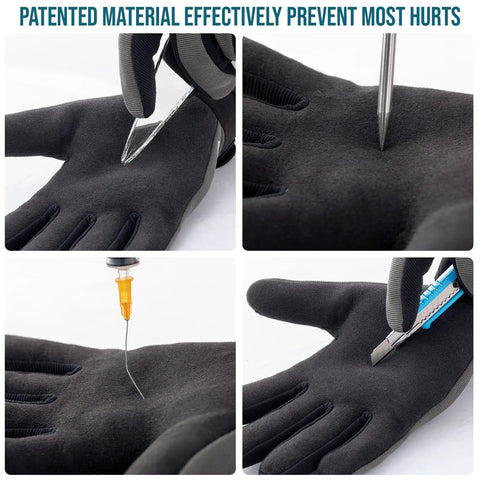 Needlestick Resistant Work Gloves Level 2 And Puncture Level 5 With A2 Cut Rating shown resisting needles and blades in black fabric.