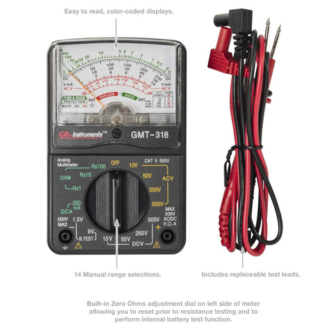GMT 318 Analog Multimeter With Six Functions And Fourteen Ranges Reads AC And DC Volts Up To 500V with test leads