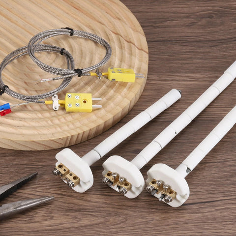 K-type ceramic kiln thermocouple probes, 6-inch white ceramic rods with brass terminal blocks, set of 3