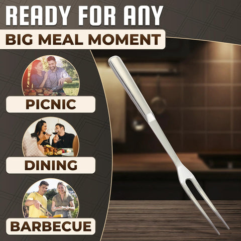 Meat carving fork, 11-inch stainless steel two-prong utensil with solid metal handle.