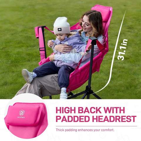 Woman and child sitting on Padded Oversized Hammock Camping Chair With Multi Storage Pockets, Portable Foldable Rocking Swing Chair, Heavy Duty Outdoor Seat, Supports Up To 400 Pounds, Pink, Easy Setup, Carry Bag Included, Perfect For Camping, Beach Or Backyard Chill in park