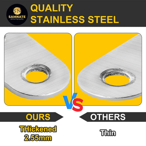 Comparison of heavy duty stainless steel L brackets with thickened and thin options for durability analysis.
