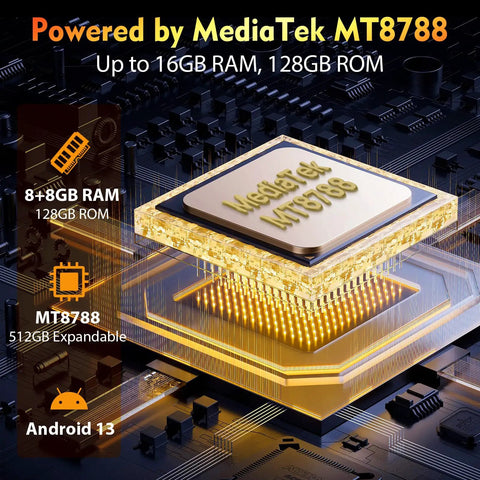 MediaTek MT8788 processor with 16GB RAM and 128GB storage for Hardcore 8 Inch Rugged Tablet, showcasing tech details.