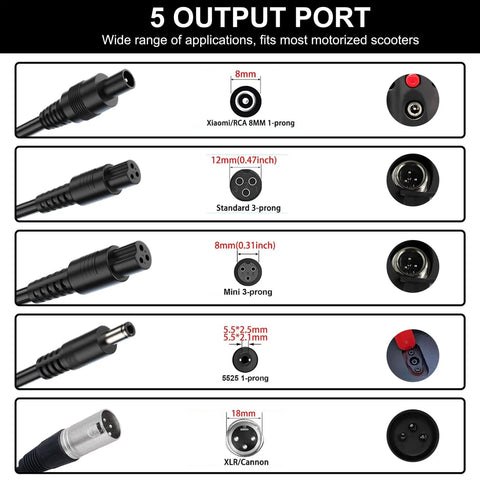 UL Certified 42V 2A Fast Charger With 5 Interchangeable Plugs For 36V Lithium Batteries, Your Go To Segway Ninebot Scooter Charger That Works With Pocket Mod, Sports Mod, ES Series, E Series And More