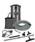 Heavy Duty Wall Mounted Garage And Shop Vacuum With 50 Ft Flex Hose Full Accessory Kit and Pro Caddy, includes vacuum tank and tools.