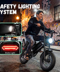 Rider on All Terrain Off Road Electric Bike For Adults With 2000W Peak Power 16 Inch Wheels showcasing safety lighting system at night.