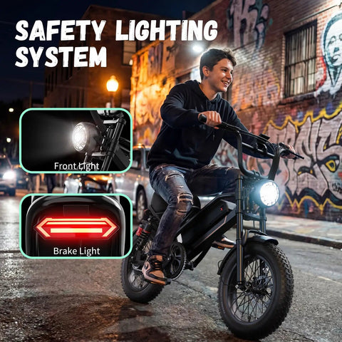Rider on All Terrain Off Road Electric Bike For Adults With 2000W Peak Power 16 Inch Wheels showcasing safety lighting system at night.