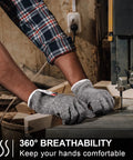 Man wearing Twenty Pairs Cut Resistant Gloves Level 5 Protection For Kitchen Safety And DIY Chopping Slicing Heavy Duty Anti Cut Gloves For Kitchen Use And Garden Projects Comfortable Flexible Fit using a saw in a workshop.