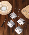 Stainless Steel Cooler Hinge Replacement Kit With Screwdriver And 16 Screws For Ice Chest Freezer Replacement Fits 5235 5250 5286B 6262 6270 Most Models displayed on a wooden surface with screws and a screwdriver.