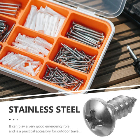 Pan Head Wood Screws Stainless Steel Self-Tapping 100-Piece Set in compartment box for furniture assembly and DIY projects.