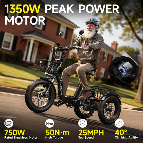 Beast Fat Tire Electric Tricycle For Adults With Three Wheel Ebike, 750W Hub Motor Peak 1350W, 52V 25Ah Removable Battery, 50 Mile Range, 7 Speed, 4 Piston Hydraulic Brakes, Cargo Rack, Black Build, man riding black fat tire trike on street