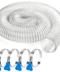Beefy 4 Inch Dust Collection Hose, 10 Feet Long, Heavy Duty Clear PVC Fume Hose With 4 Clamps shown coiled with clamps visible