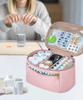 Open pink Portable Pill Bottle Organizer Bag For Home And On The Go Travel With Adjustable Dividers Compact Medicine Storage Pouch