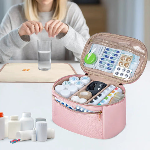 Open pink Portable Pill Bottle Organizer Bag For Home And On The Go Travel With Adjustable Dividers Compact Medicine Storage Pouch