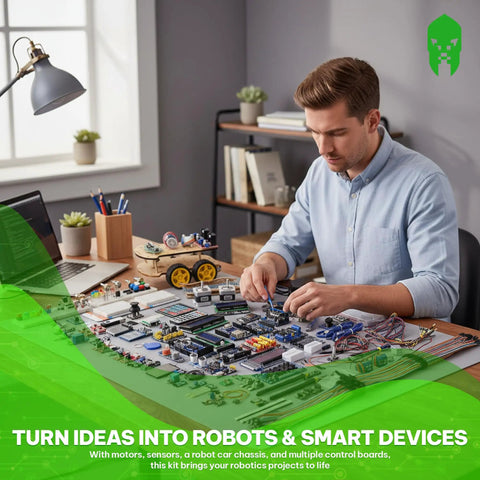 Man assembling robots with Ultimate Arduino Starter Kit With Five Main Boards And 100 Plus Parts For IoT And Smart Robot Projects