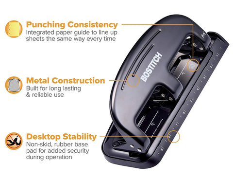 Bostitch EZ Squeeze 3-hole punch, side view, silver/black metal construction, 20-sheet capacity.