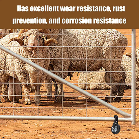 Heavy Duty Gate Wheels That Kill Sag Once And For All Featuring Hella Durable Solid Rubber Tires on a fence with sheep.
