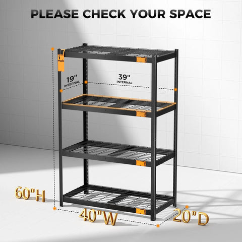 Heavy Duty 4 Tier Wire Storage Rack With 3200 Lbs Total Capacity 800 Lbs Per Shelf Beefy Steel Uprights 4mm Wire Shelves Matte Black Powder Coat 40 Inch Wide By 20 Inch Deep By 60 Inch High Ideal For Garage Or Storage, black steel rack with 60H x 40W x 20D dimensions