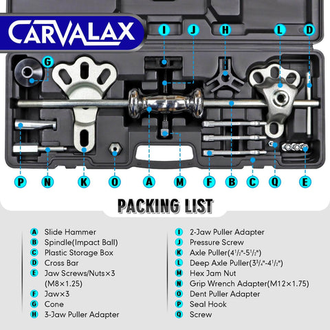 Nine Way Slide Hammer Puller Set For Dents And Dings, Front Wheel Hub Bearing And Rear Axle Removal, Twenty Piece Auto Body Repair Kit with Black Carry Box