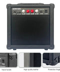 20 Watt Portable Electric Guitar Amp With Headphone Input And Aux Phone Audio Link Built In Gain Control Easy On The Go Practice Compact Black Amp Including Professional Noise Reduction Cable For Quiet Jams, front view, close-up on controls and build quality details.