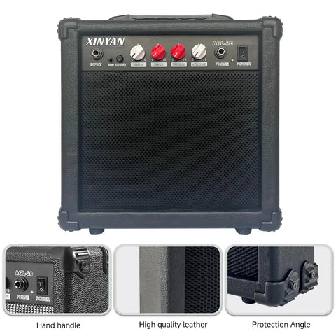 20 Watt Portable Electric Guitar Amp With Headphone Input And Aux Phone Audio Link Built In Gain Control Easy On The Go Practice Compact Black Amp Including Professional Noise Reduction Cable For Quiet Jams, front view, close-up on controls and build quality details.