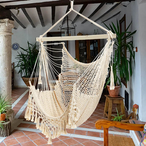 Cozy Cotton Rope Hammock Chair With 330Lb Weight Capacity, Large Indoor Outdoor Hanging Swing For Chill Vibes, Soft Beige Rope Chair With Sturdy Metal Rod For Garden Patio And Living Room