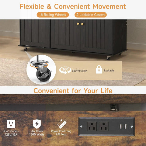 60 Inch Kitchen Island With Power Outlet And Drop Leaf showing rolling wheels, lockable casters, and power outlets with USB ports