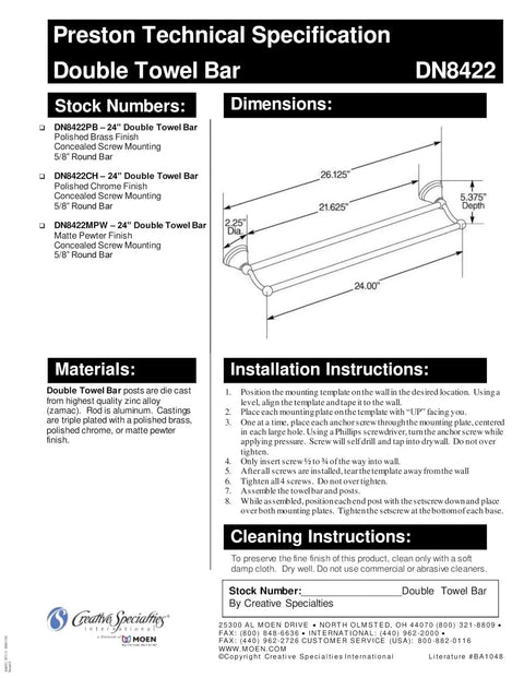 Preston Collection 24 Inch Double Bar Towel Rack In Chrome Finish, Deep 5.38 Inches technical specification sheet