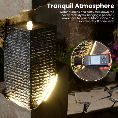 Close-up of 35.4 Inch Tall Indoor Outdoor Dope Waterfall Fountain With LED Lights, highlighting rugged texture and LED glow.