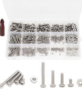 Pro Grade Pan Head Phillips Machine Screws And Hex Nuts Assortment Kit 360 Piece 304 Stainless Steel Rack in organized case.