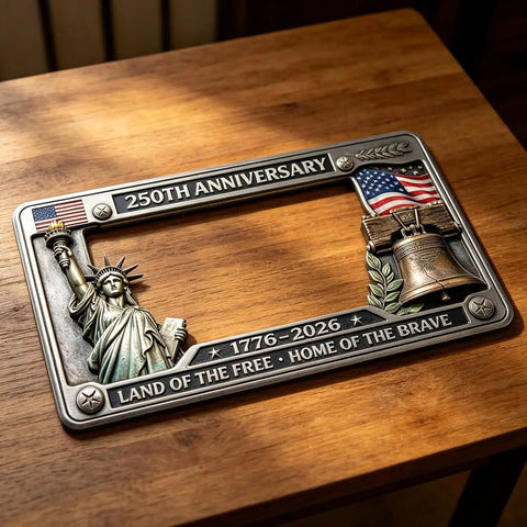 250th Anniversary Patriotic License Plate Frame Celebrating 1776 To 2026 With USA Flag Design Fits Standard US Plates On Wood Surface