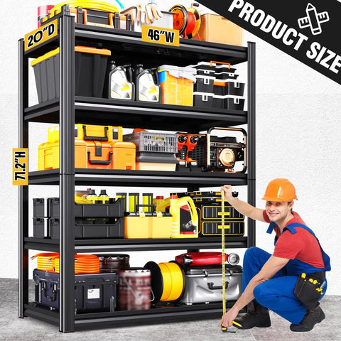 Beefy 2 Pack Heavy Duty Garage Shelving Unit Set With 5 Tier All Metal Storage Racks Adjustable Heights For Tools Bins Bulk Items Garage Workshop Warehouse Organization, 71.2H x 46W x 20D